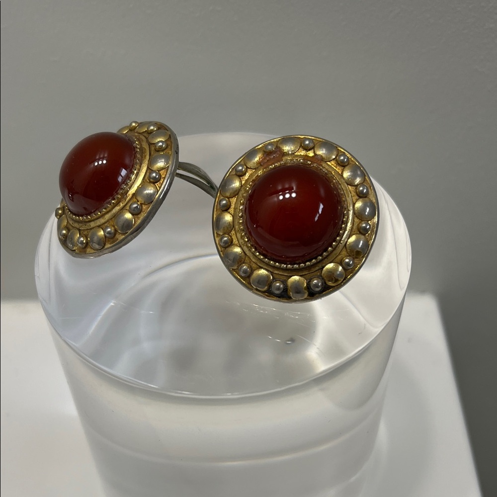 Elegant clip  on Gold  tone and Red Stud Earrings